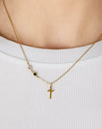 Dainty Cross and Birthstone Necklace