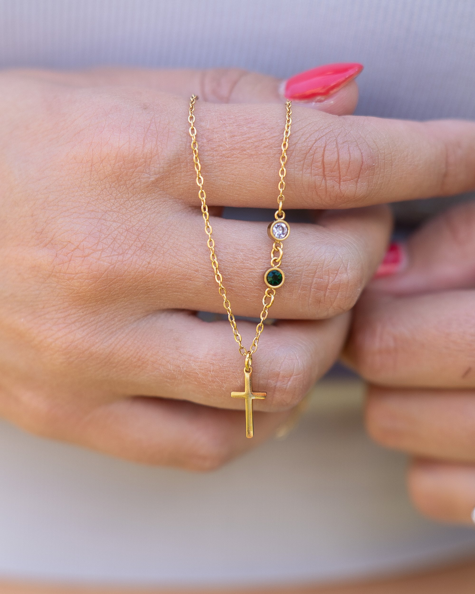 Dainty Cross and Birthstone Necklace