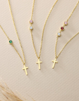Dainty Cross and Birthstone Necklace