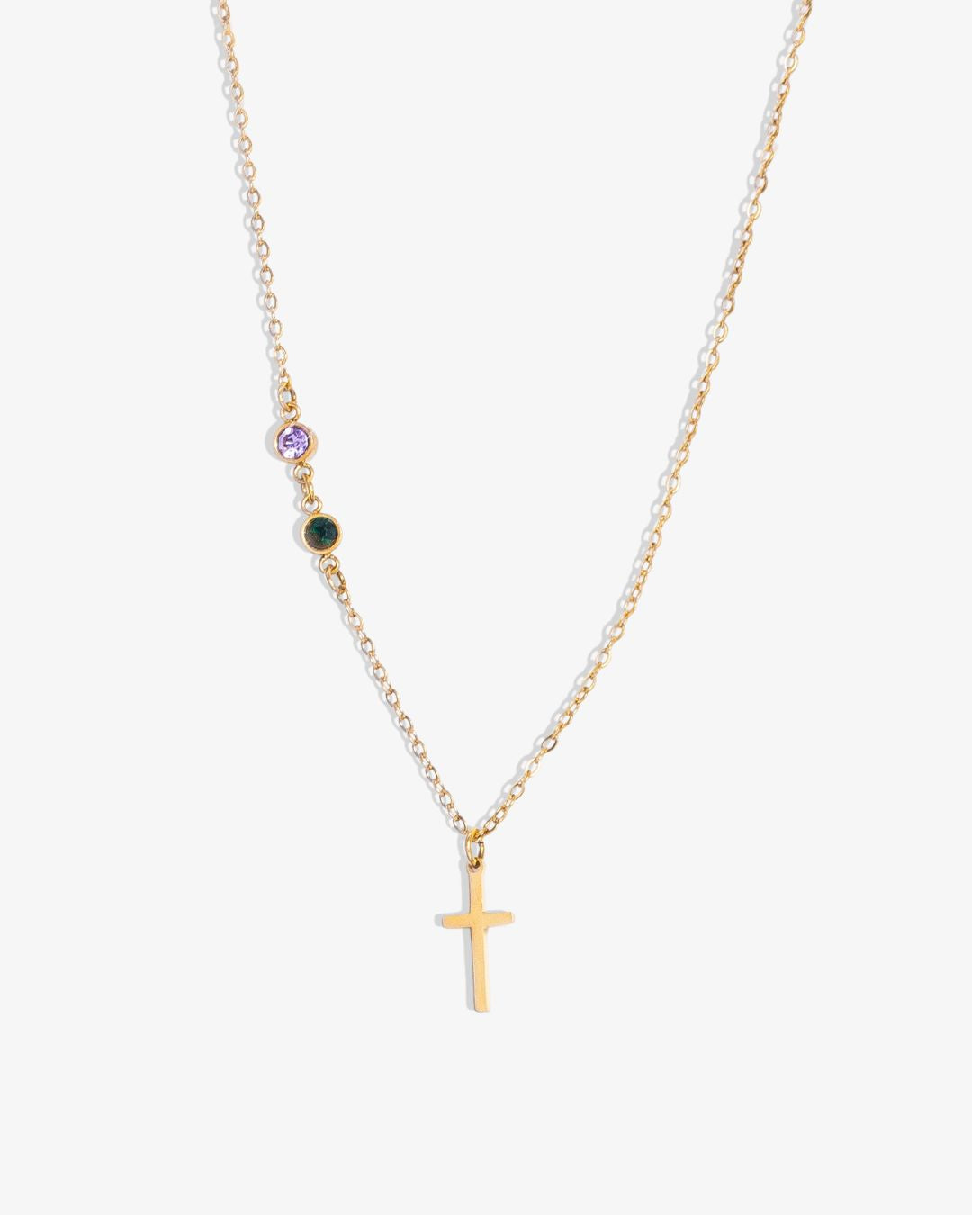 Dainty Cross and Birthstone Necklace