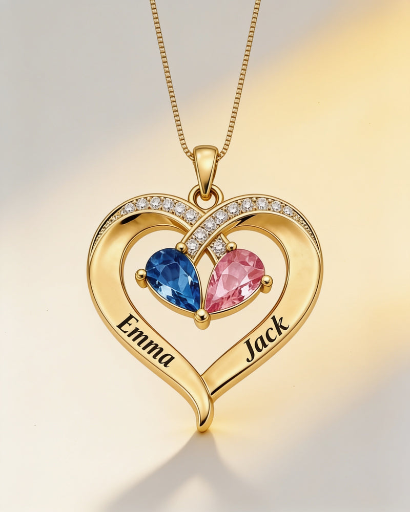 Engraved Names Birthstone Heart Necklace in gold with sapphire and pink tourmaline birthstones, engraved Emma and Jack