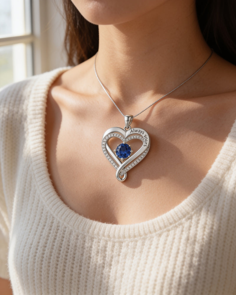 Forever and Always Birthstone Infinity Heart Necklace in silver worn on the neck