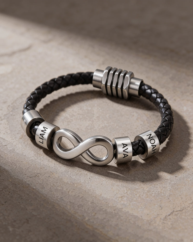 Infinity Name Bead Leather Bracelet for Men in silver tone on braided black leather, engraved beads Liam, Ava and Noah