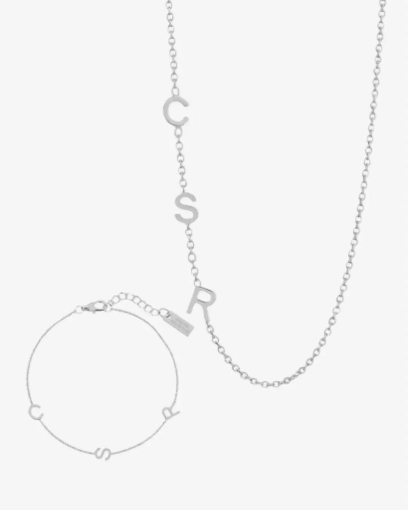 Personalized Sideway Initial Necklace + Matching Bracelet Bundle
