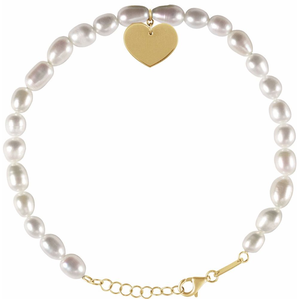 14K Gold Freshwater Pearl &amp; Engravable Heart Bracelet Valentines Day Gift