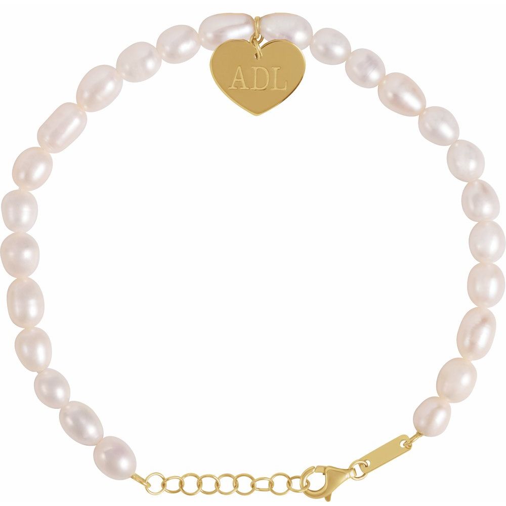 14K Gold Freshwater Pearl &amp; Engravable Heart Bracelet Valentines Day Gift