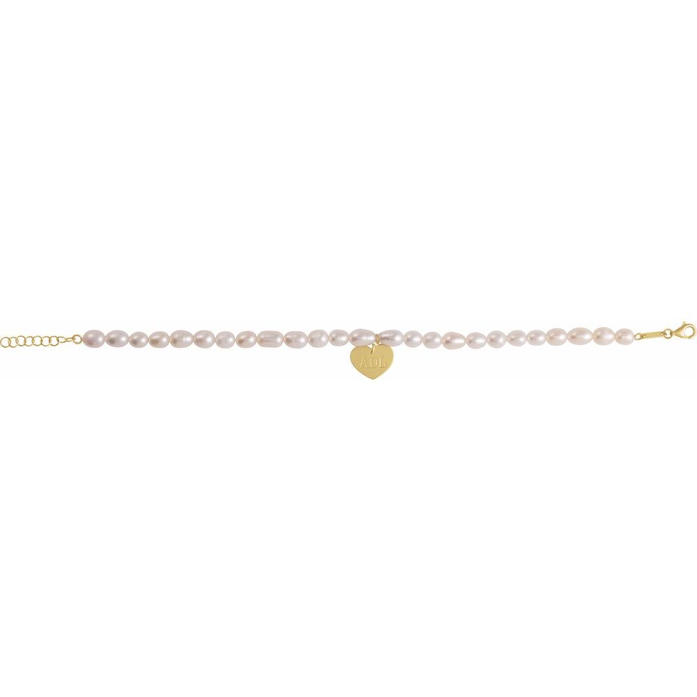 14K Gold Freshwater Pearl &amp; Engravable Heart Bracelet Valentines Day Gift