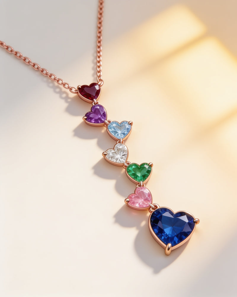 Birthstone Heart Cascade Necklace in rose gold with seven different birthstone hearts and an off-centre drop heart