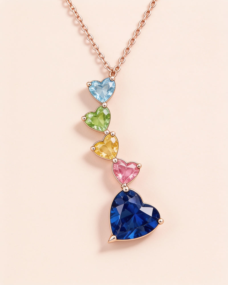 Rose gold Birthstone Heart Cascade Necklace with five birthstone hearts