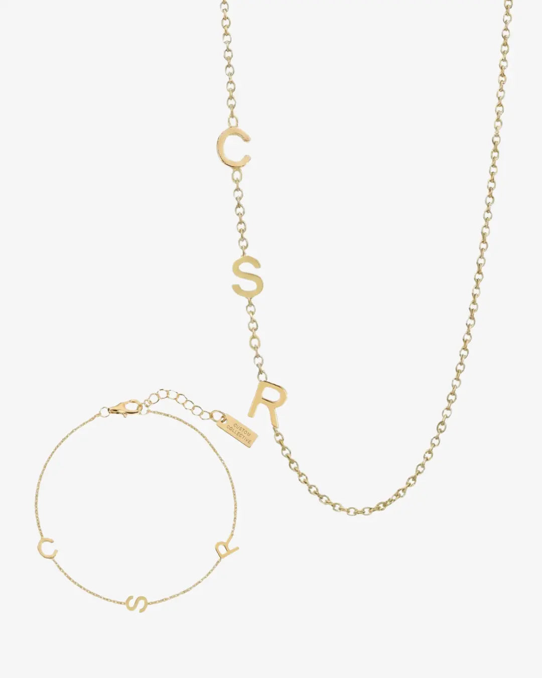 Personalized Sideway Initial Necklace + Matching Bracelet Bundle