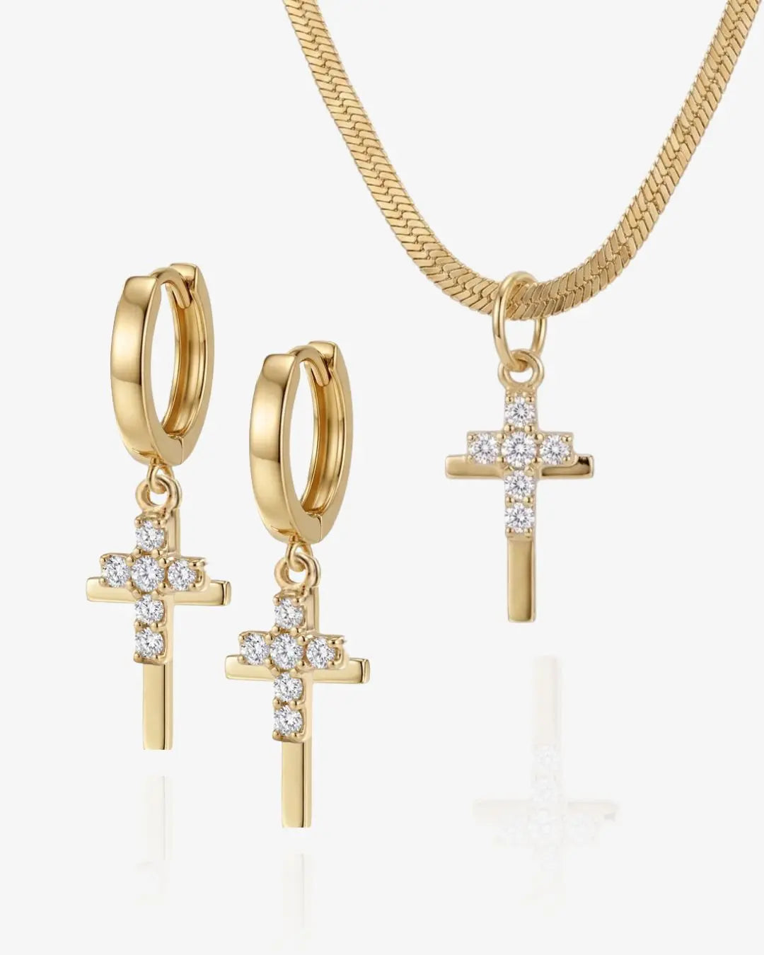 Golden Duo Cross Necklace &amp; Huggies Set