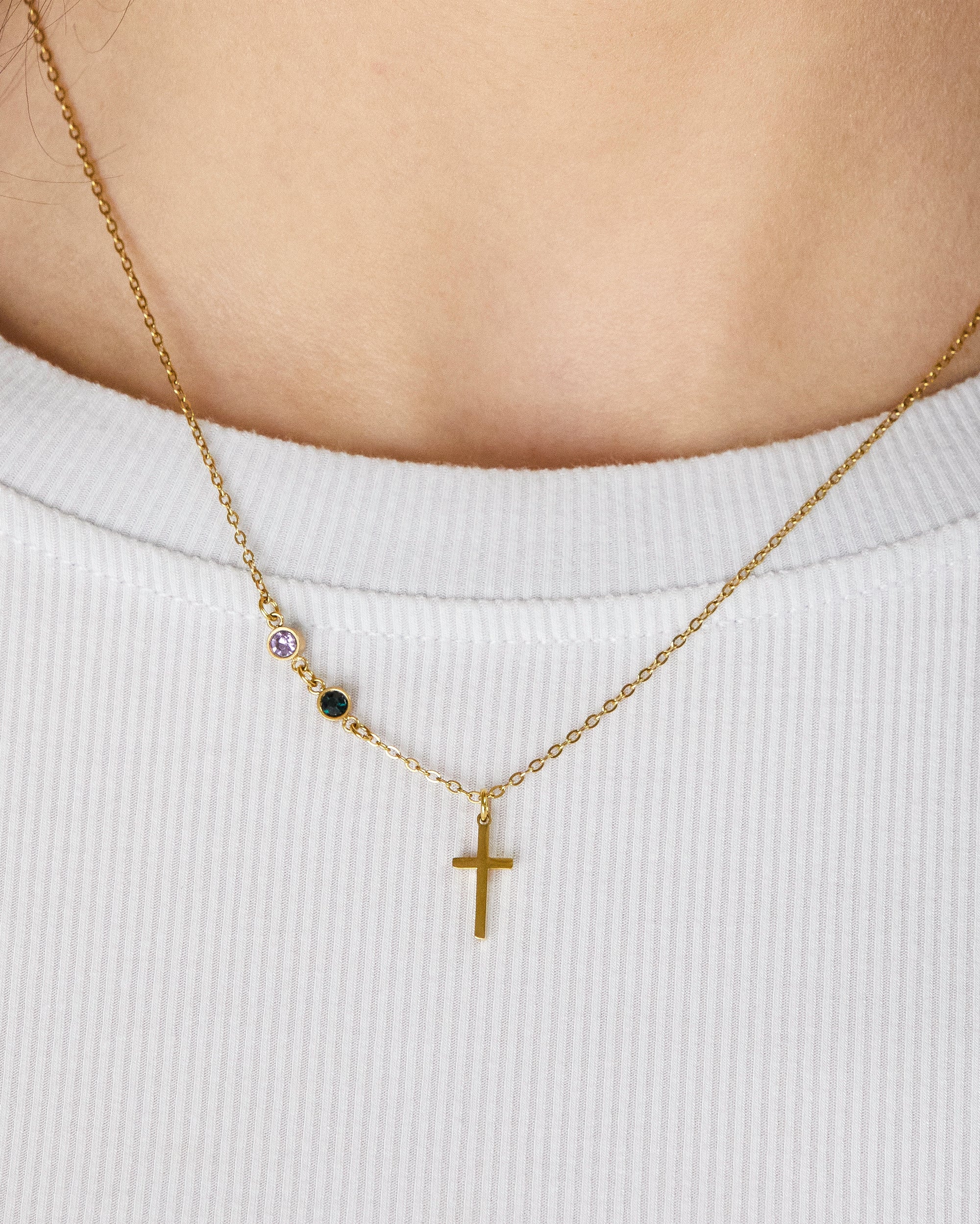 Dainty Cross and Birthstone Necklace