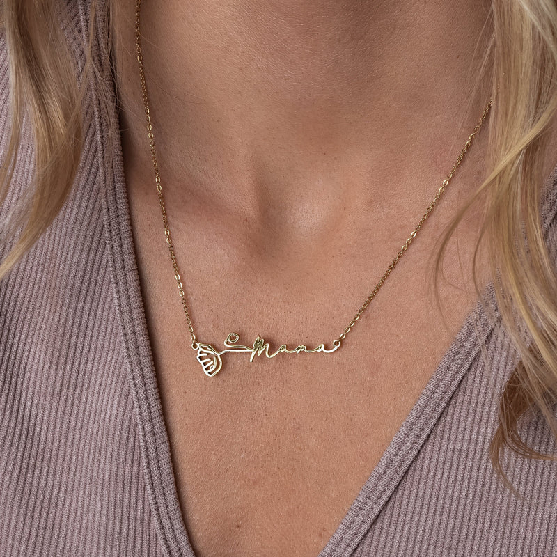 Horizontal Birth Flower Name Necklace - CG1095S,CG1096S,CG1097S