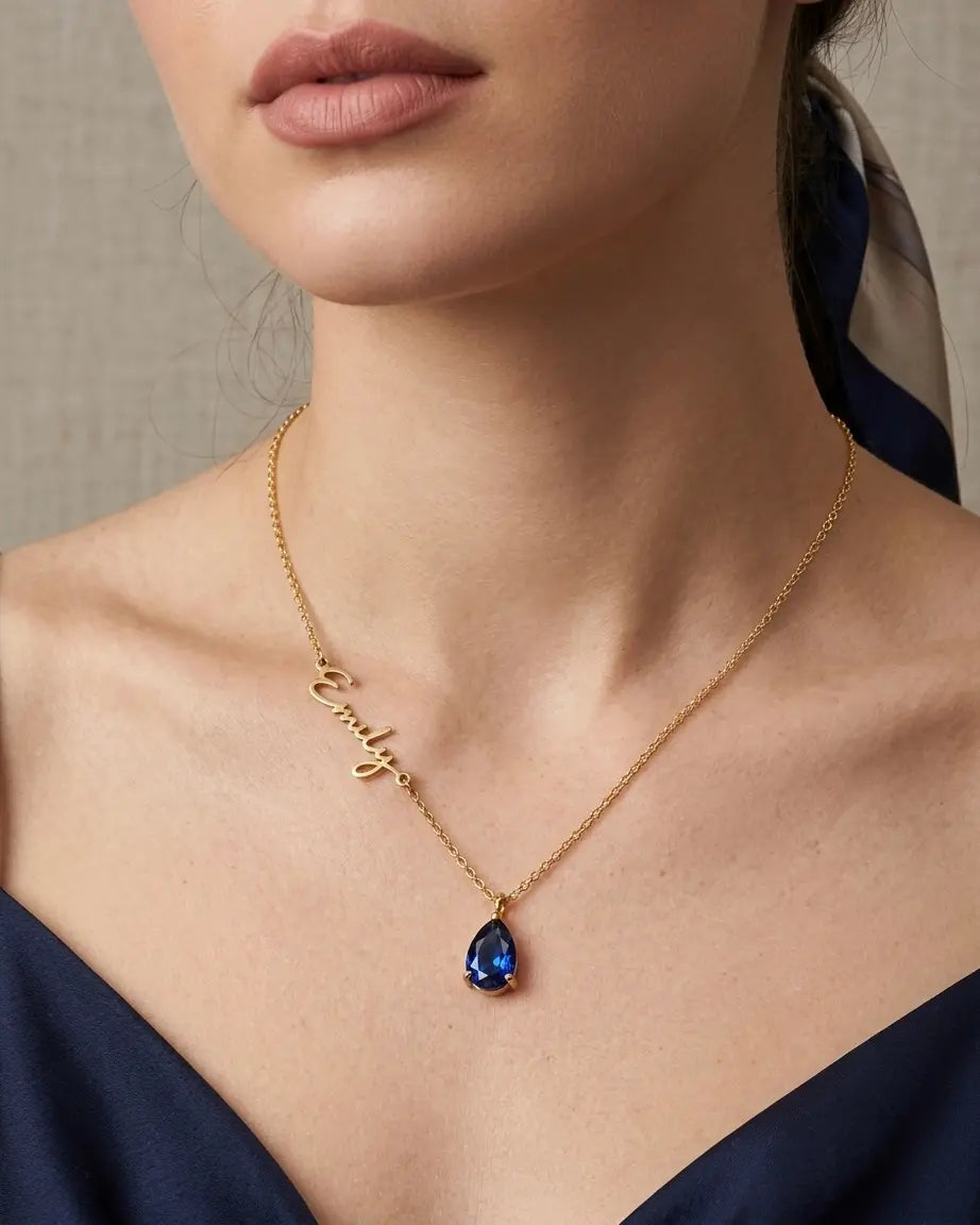 Script Pear Birthstone Necklace