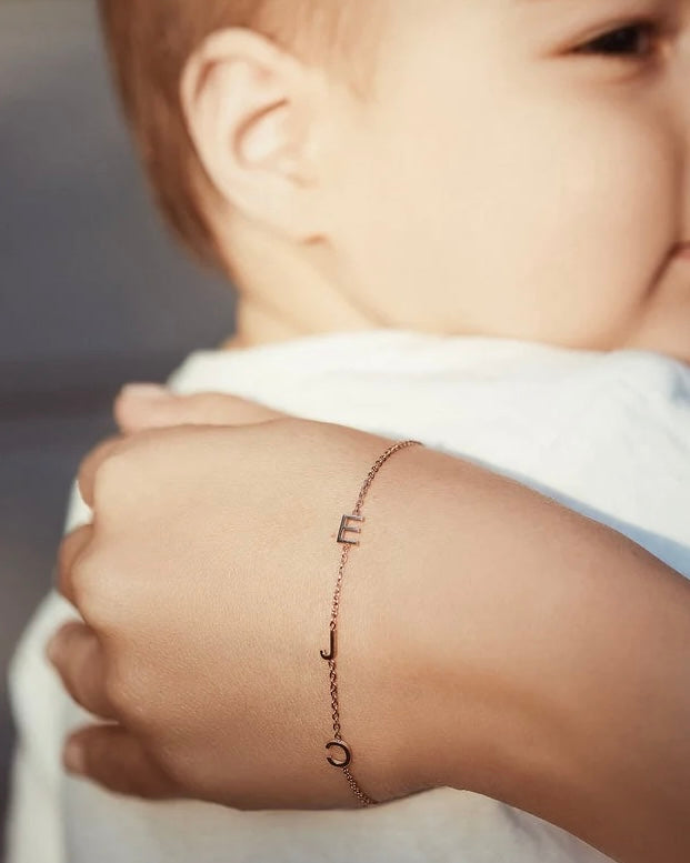 Personalized Sideway Initial Necklace + Matching Bracelet Bundle