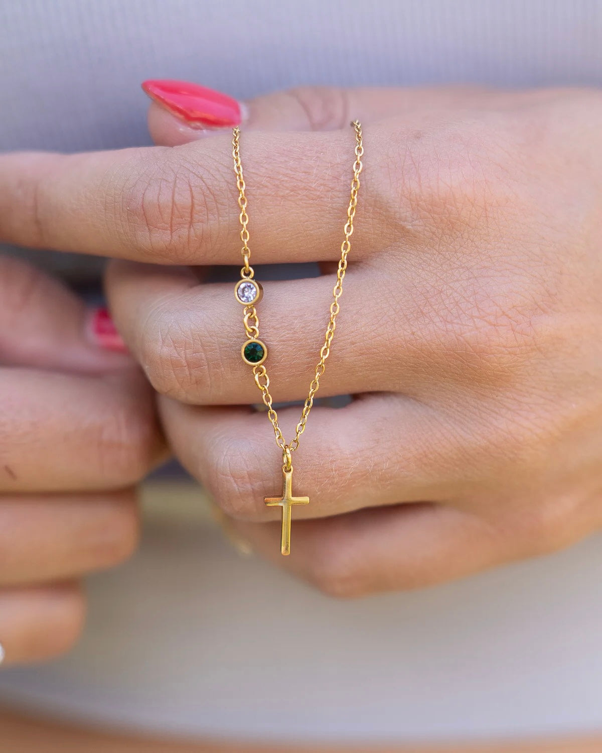 Dainty Cross and Birthstone Necklace