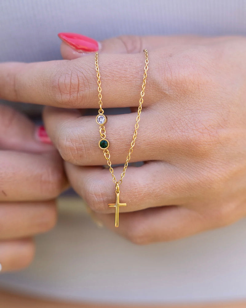 Dainty Cross and Birthstone Necklace - CG3907S,CG3908S,CG3909S,CG3910S,CG3911S,CG3912S,CG3913S,CG3914S,CG3915S,CG3916S,CG3917S,CG3918S