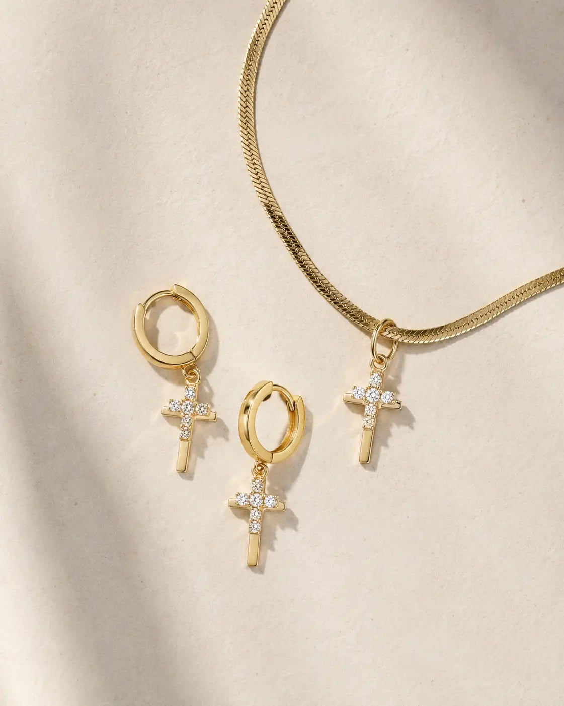 Golden Duo Cross Necklace &amp; Huggies Set