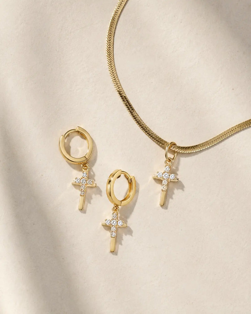 Golden Duo Cross Necklace & Huggies Set