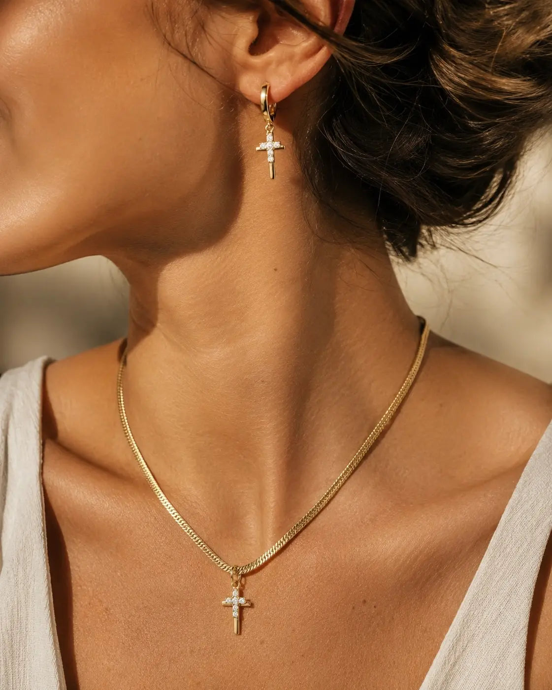 Golden Duo Cross Necklace &amp; Huggies Set