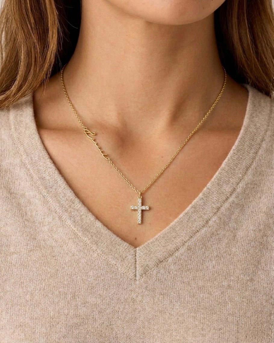 Scripted Cross Necklace