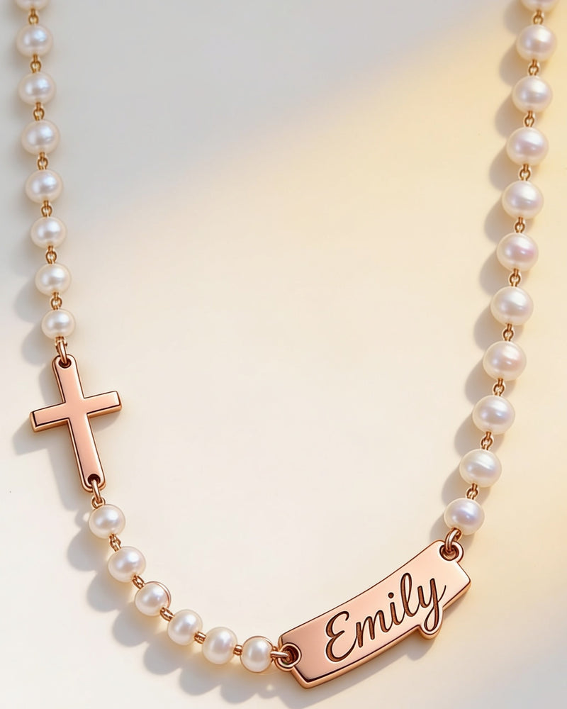 Personalized name cross pearl necklace in rose gold