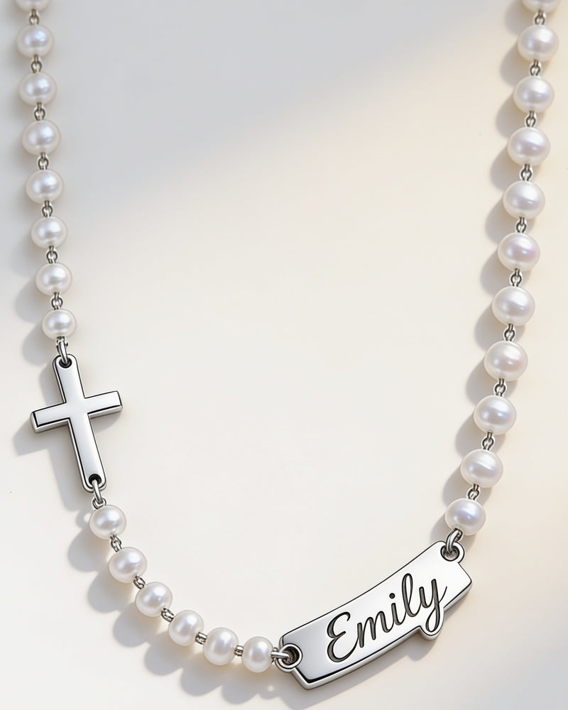 Personalized name cross pearl necklace in silver
