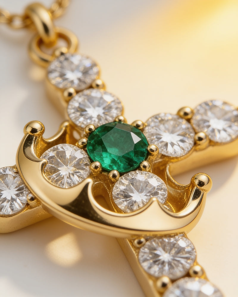 Close-up of the crown and emerald birthstone at the centre of the cross