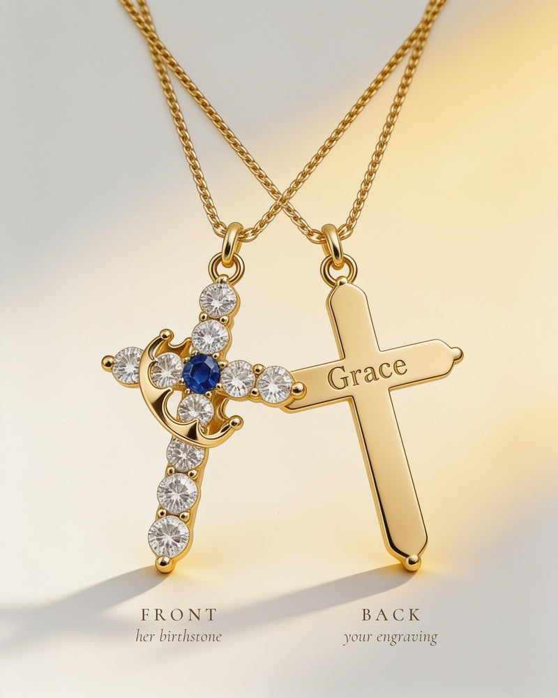 Personalized Crown Cross Necklace: front with her birthstone, back engraved with Grace