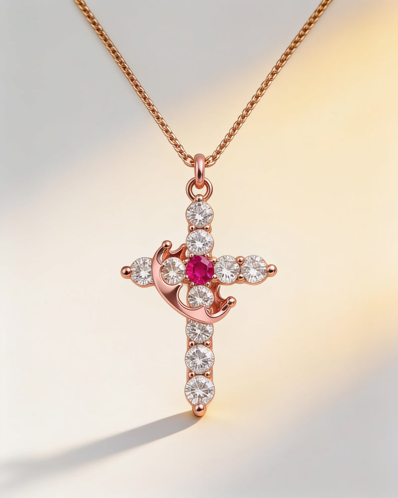 Birthstone Crown Cross Necklace in rose gold with ruby centre stone