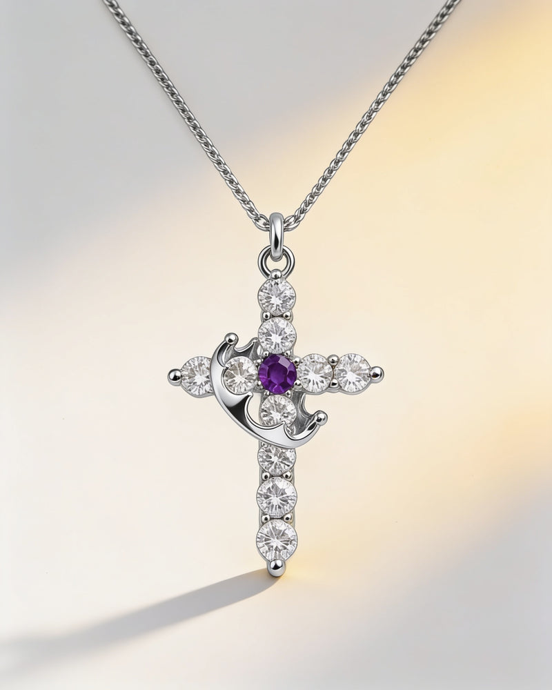 Birthstone Crown Cross Necklace in silver with amethyst centre stone