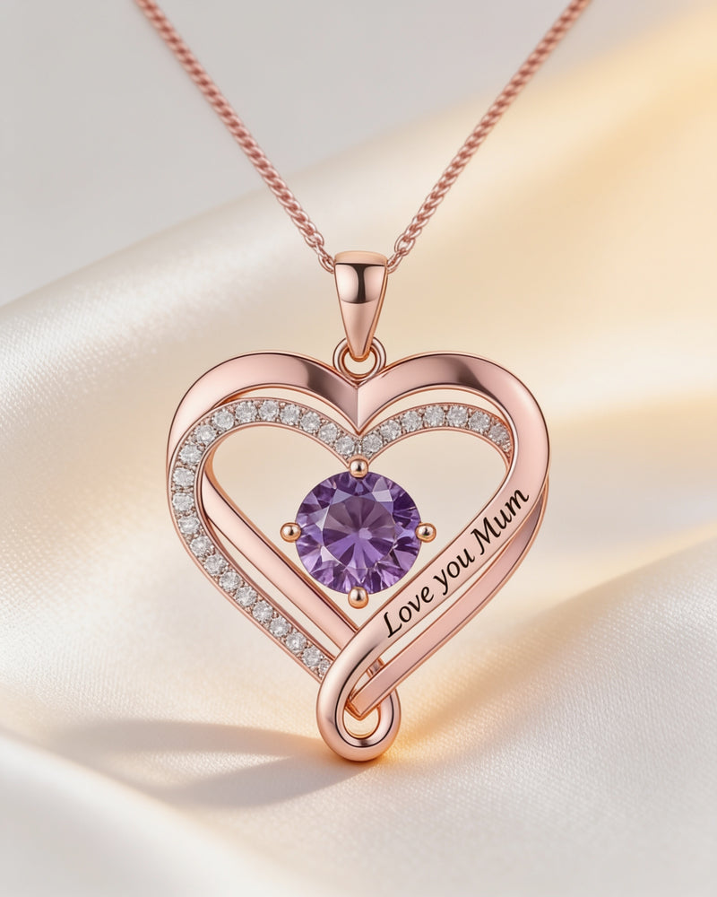 Forever and Always Birthstone Infinity Heart Necklace in rose gold with an amethyst-colour February birthstone, engraved Love you Mum
