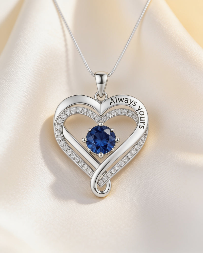 Forever and Always Birthstone Infinity Heart Necklace in silver with a sapphire-colour September birthstone, engraved Always yours