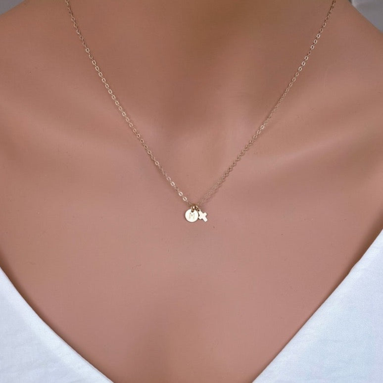 Dainty Cross With Tiny Initial Disc Necklace