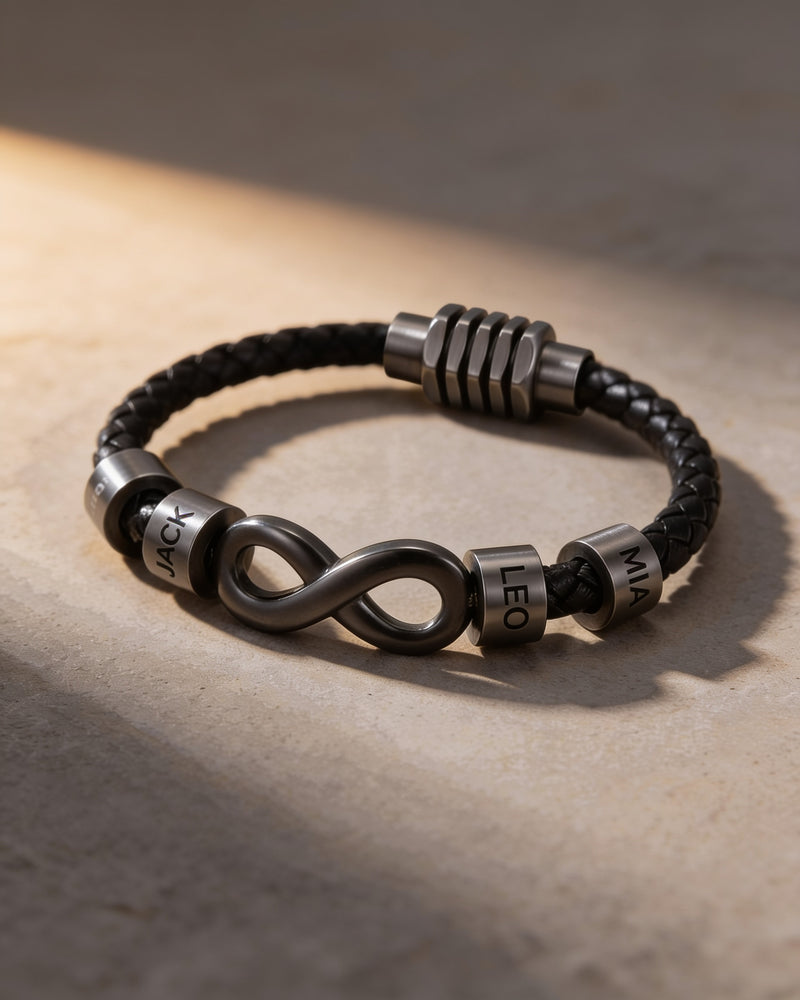 Infinity Name Bead Leather Bracelet for Men in black, engraved beads Jack, Leo and Mia