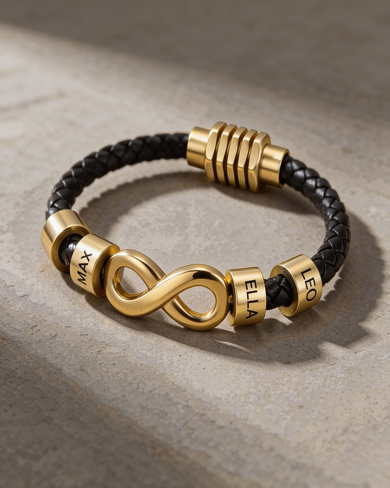 Infinity Name Bead Leather Bracelet for Men in gold on braided black leather, engraved beads Max, Ella and Leo