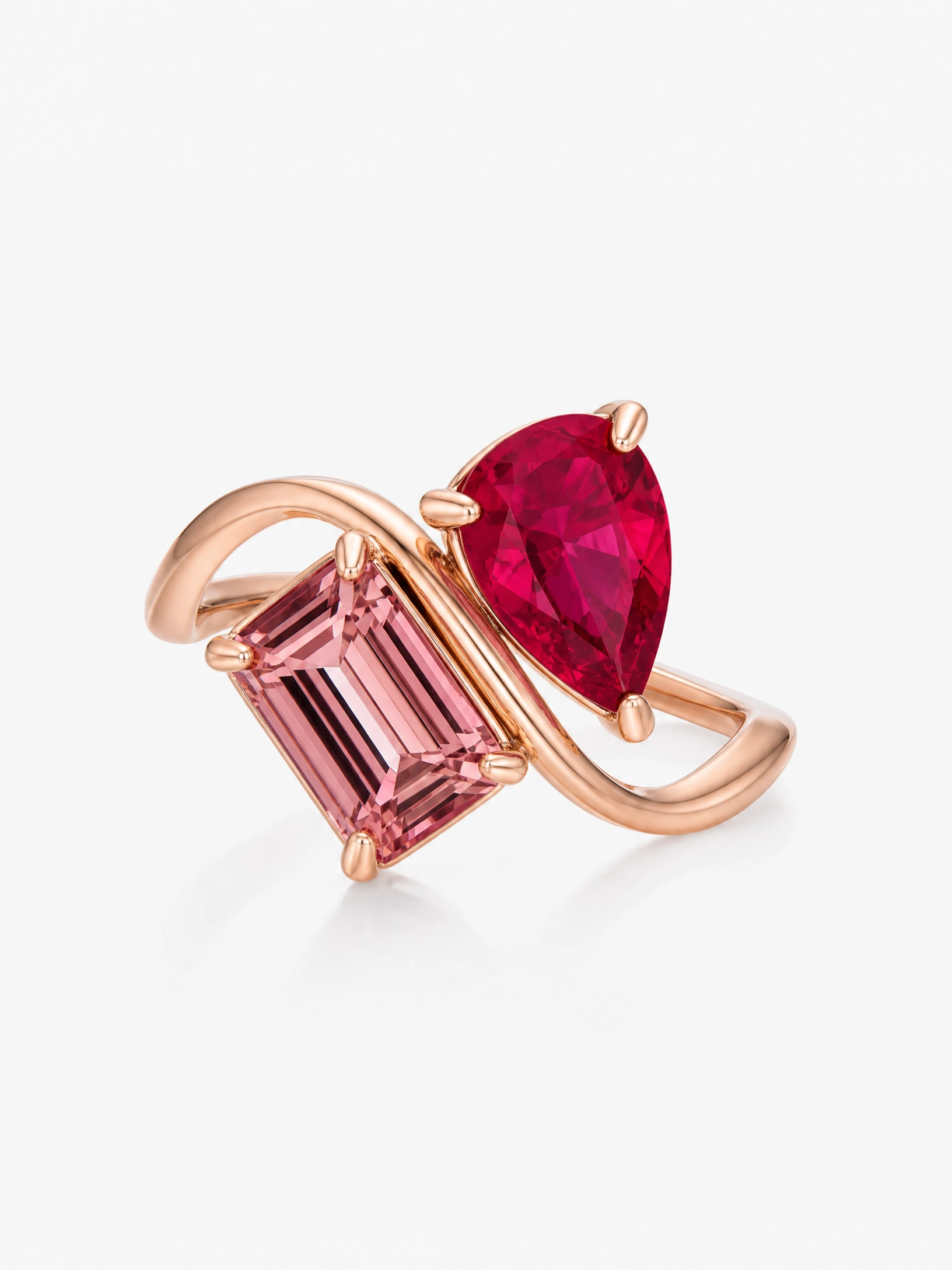 Personalized two-birthstone ring in rose gold with ruby and tourmaline stones — birthstone gift for mom