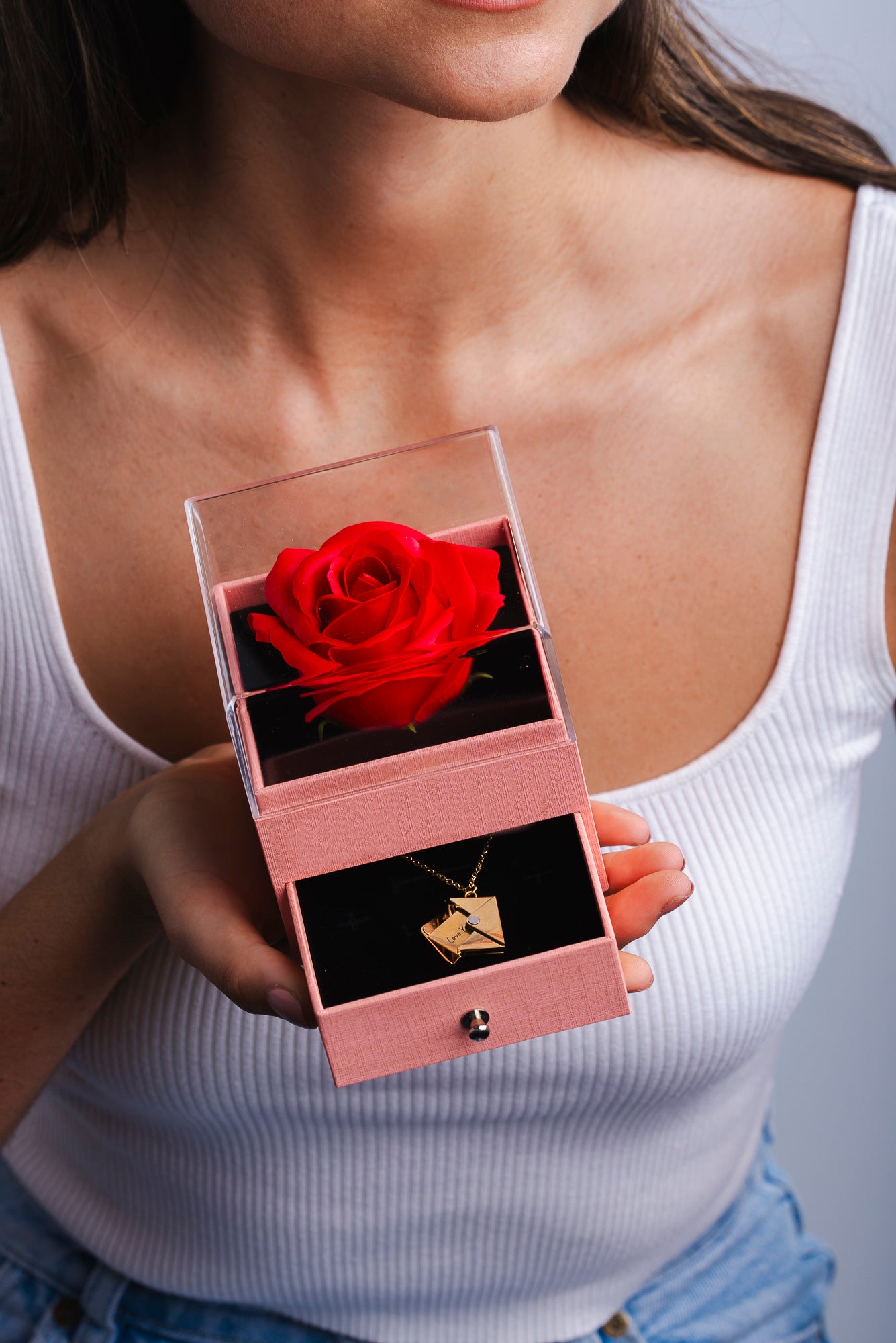 Personalized Envelope Letter Necklace with Real Rose Box